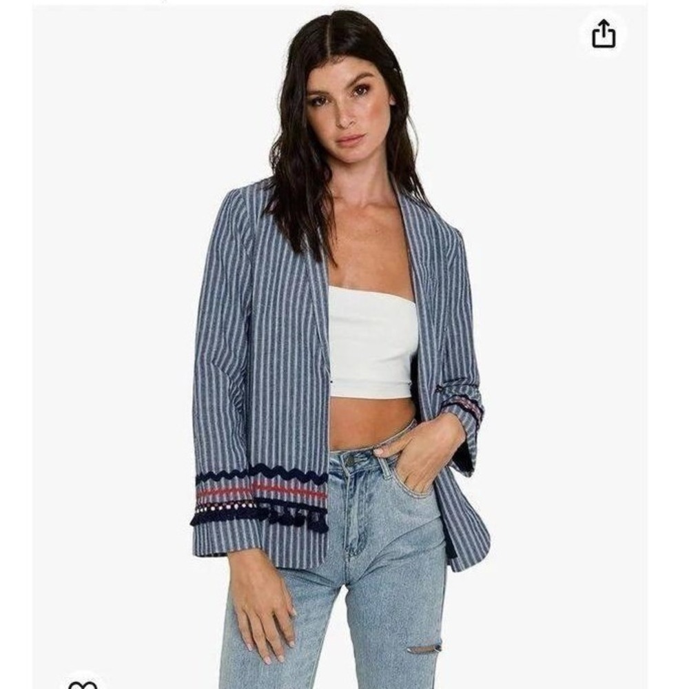 Free The Roses NEW Navy Blue White Striped Tassel Trim Blazer Jacket SMALL